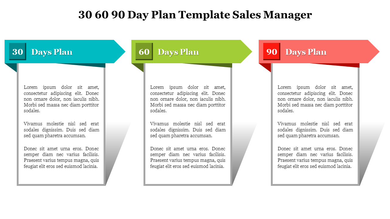 Sales manager 30-60-90 day plan slide with three colored columns, each representing placeholder text for details.