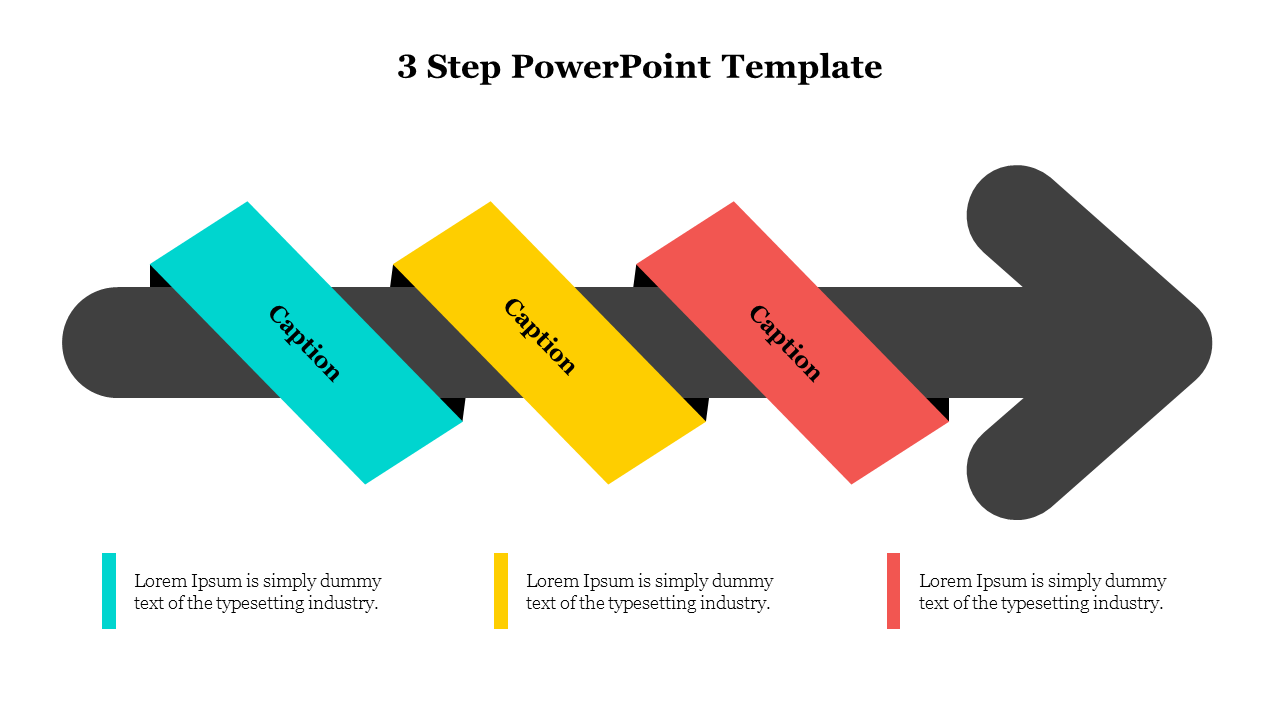 Three step slide with colorful diagonal boxes and a rightward arrow, representing steps in cyan, yellow, and red.