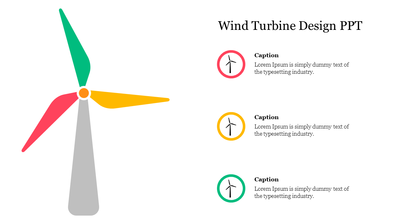 Wind turbine slide with three blade in red, green, and yellow, with labeled captions, and icons on the right.