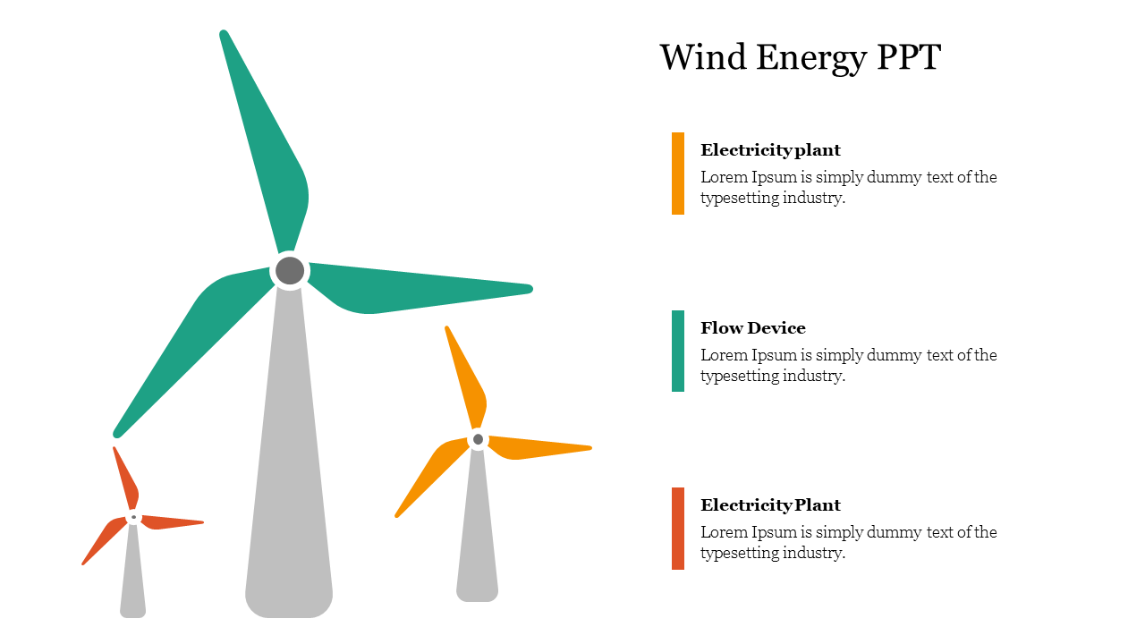 Wind energy slide featuring three colored turbines and captions discussing electricity generation and flow devices.