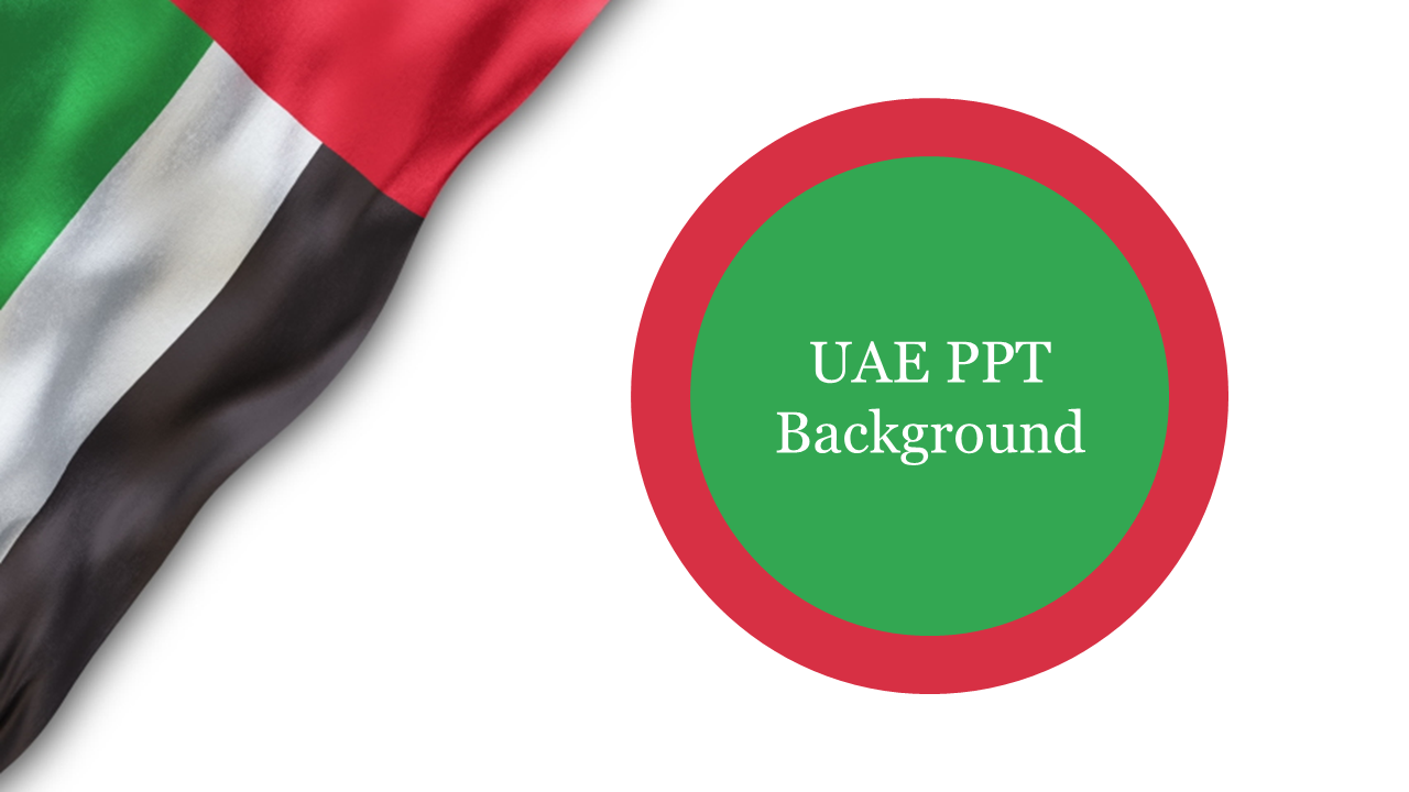 Flowing UAE flag next to a circular green icon with a red border on a white background.