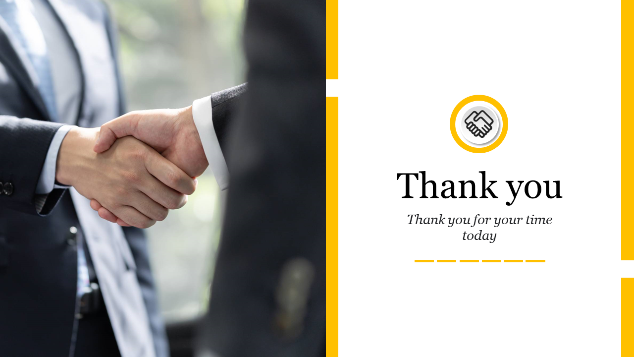 Handshake image with a thank you message on a white background framed by yellow borders.