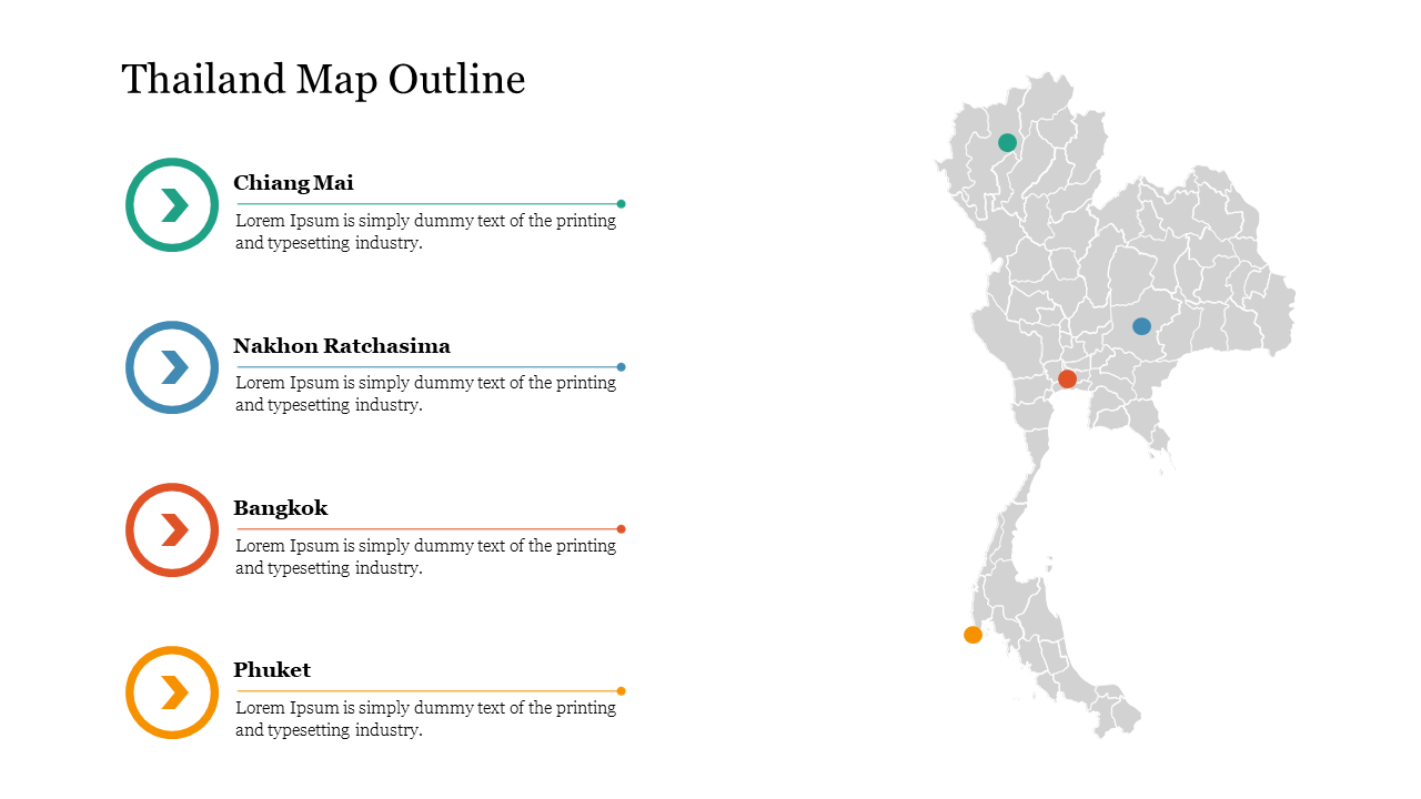 Thailand map outline with color coded markers, and four cities listed with corresponding icons on the left.