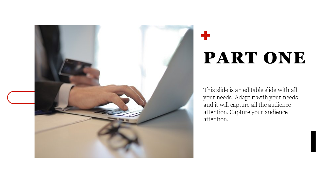 A professional PowerPoint slide with an image of a person working on a laptop, and space for text.