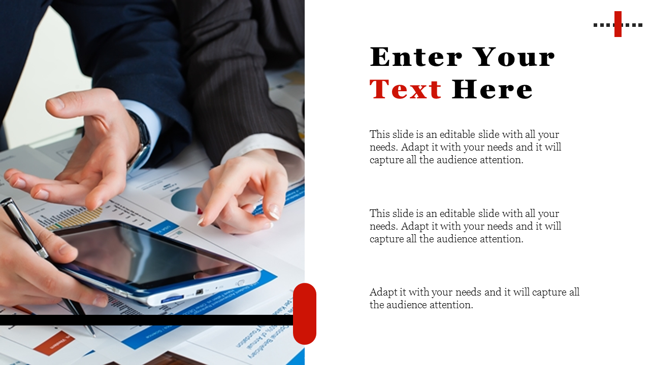 Slide with hands gesturing over financial documents, showing a smartphone and pen placed on a table and text on the right.