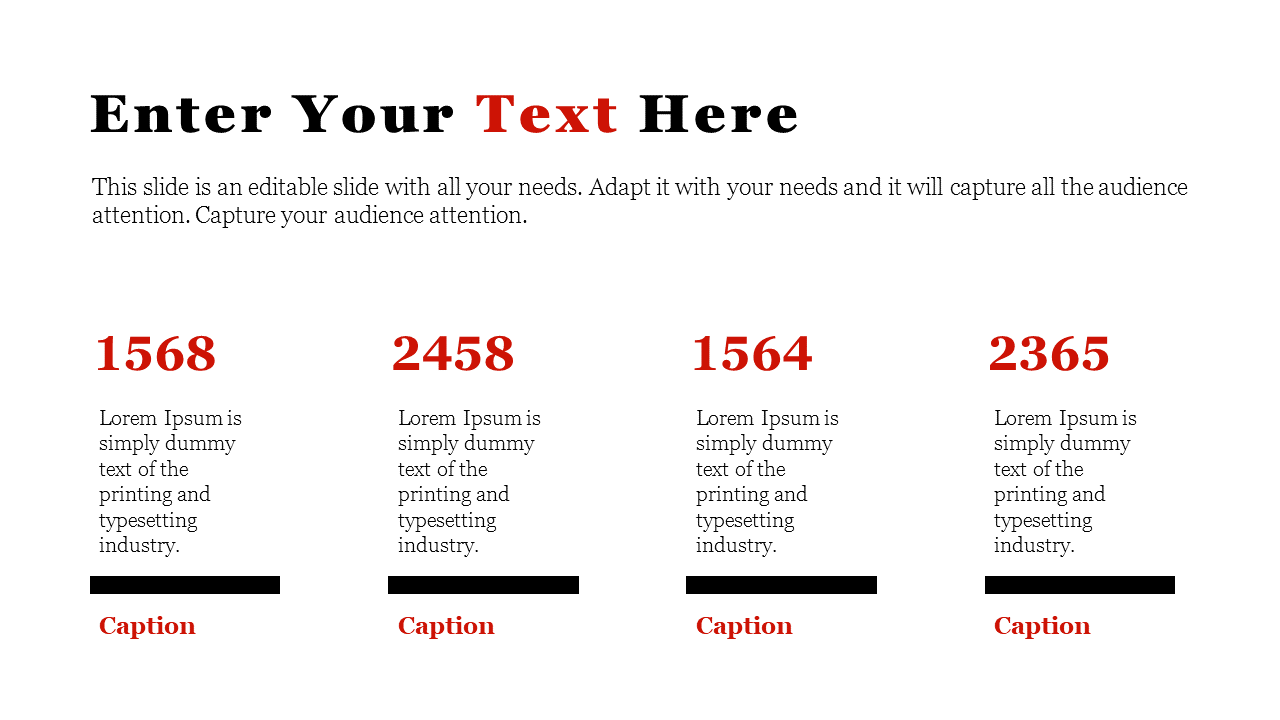 A simple PowerPoint slide featuring placeholder text and numbers, with a layout on a white backdrop.