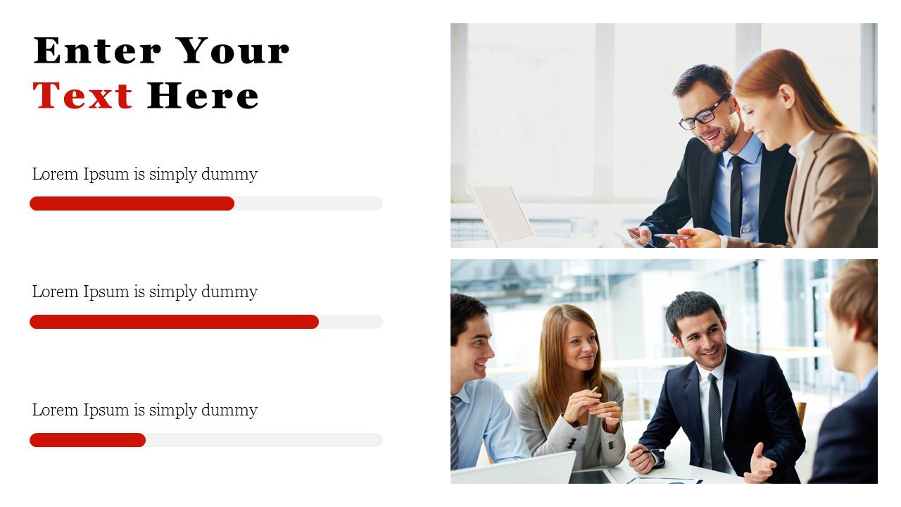 Busines slide with two images of professionals in a meeting setting, alongside text placeholders and progress bars.