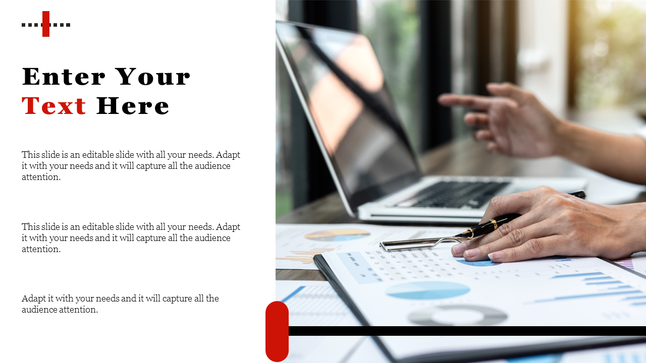 Slide layout with red accent and a person pointing at a laptop, with documents and charts visible, set on a white backdrop.