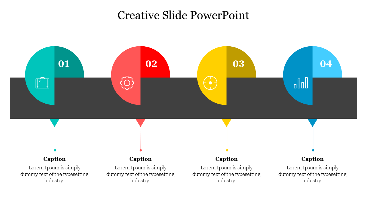 A creative PPT slide featuring numbered icons in colorful circles, each with corresponding captions and graphic elements.