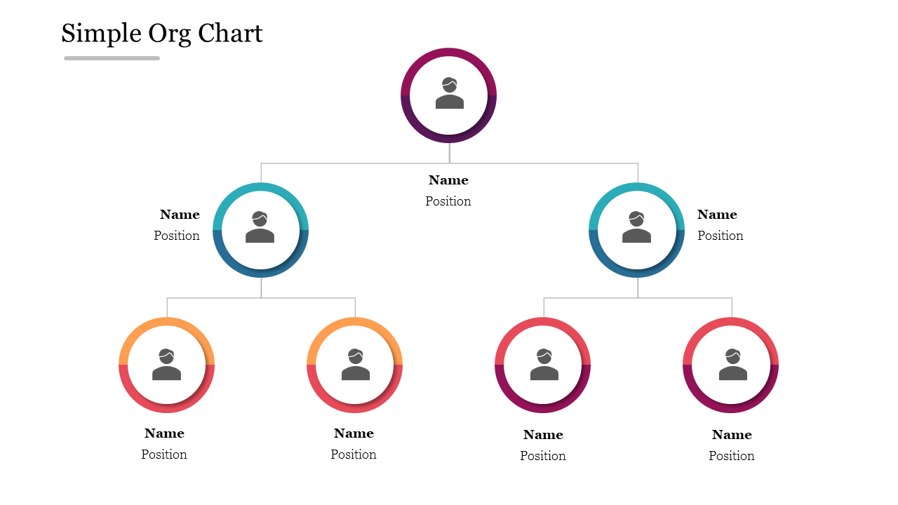 Organizational chart with circular icons for individuals, connected by lines, with colorful outlines for each role.