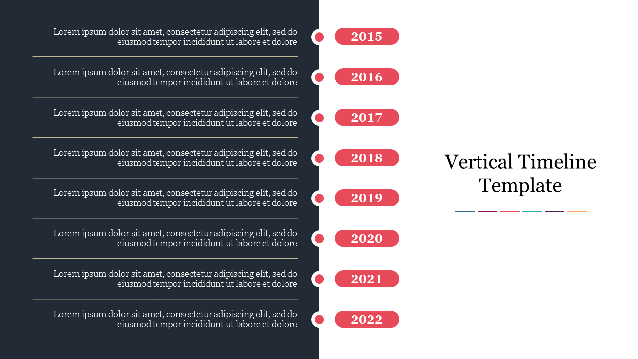 Vertical timeline template with labeled years from 2015 to 2022 and placeholder text areas on the left.