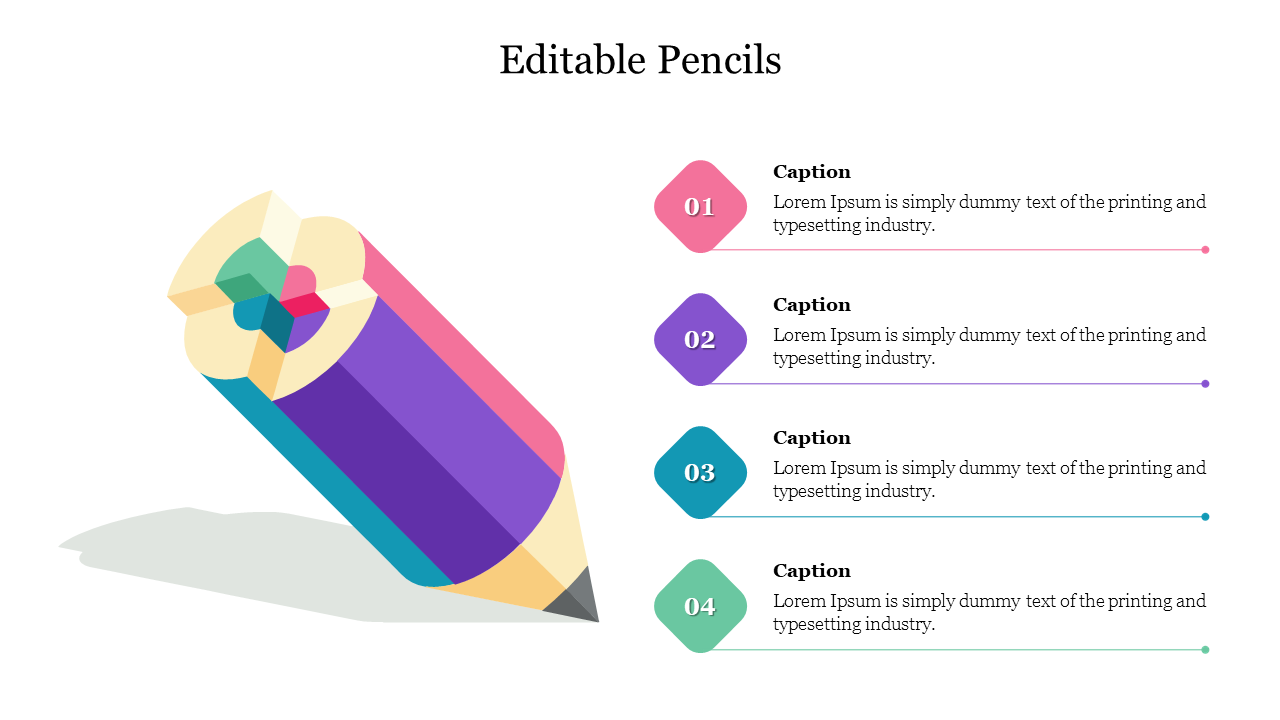 A large pencil icon with multicolored stripes and four numbered captions in diamonds aligned vertically.