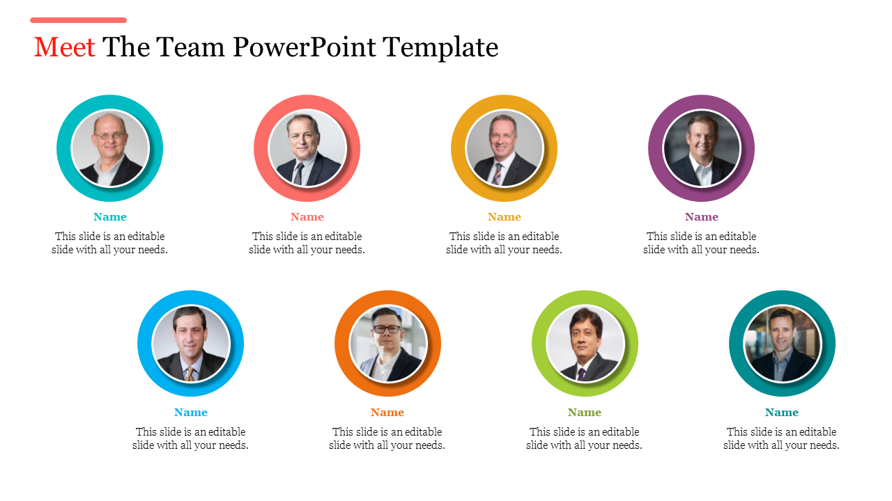 Team template featuring eight circular photo placeholders, each framed in different colors with text fields below each.