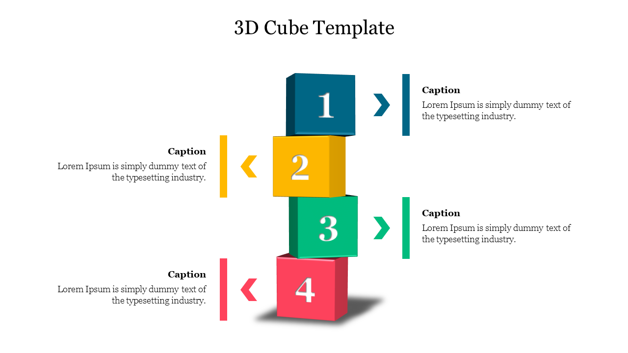 A colorful 3D cube template design featuring four stacked cubes, each with a numbered label and space for captions.