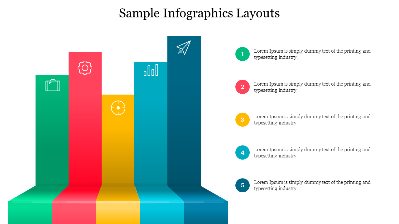 Bar chart infographic with colorful columns in green, red, yellow, blue, and teal, each containing icons and numbered steps.