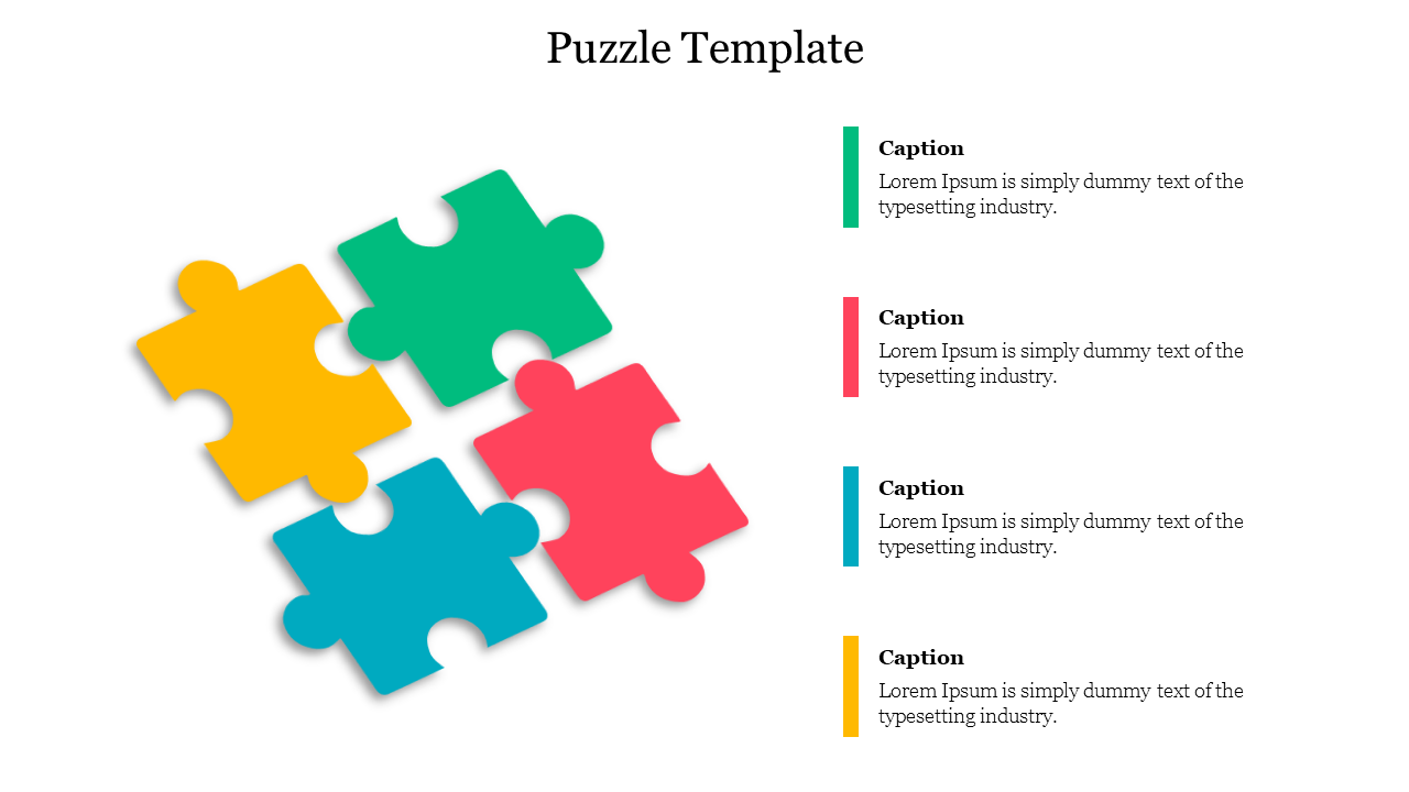 A PowerPoint slide with colorful puzzle pieces in green, yellow, red, and blue, with placeholder captions for text.