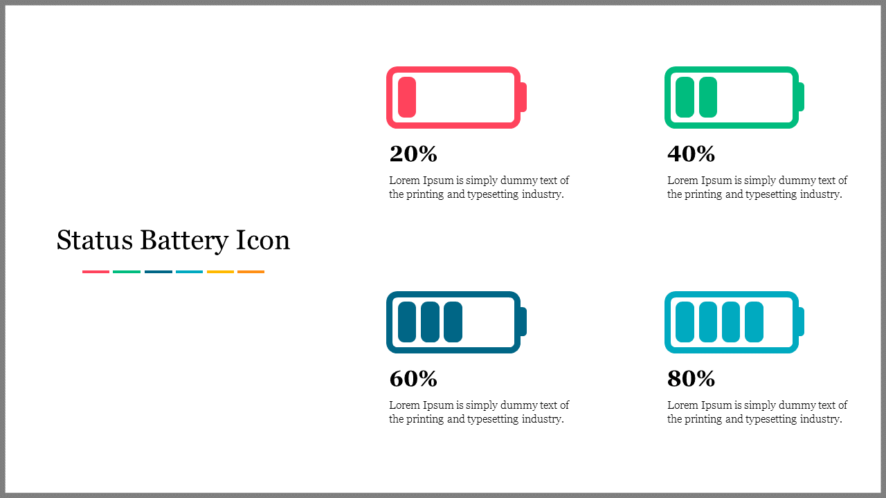 Battery status slide featuring colored icons of charge levels, with placeholder text descriptions.