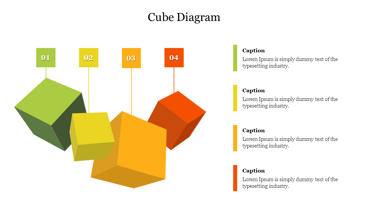 Cube diagram slide with four colorful cubes, each representing different sections for information captions.