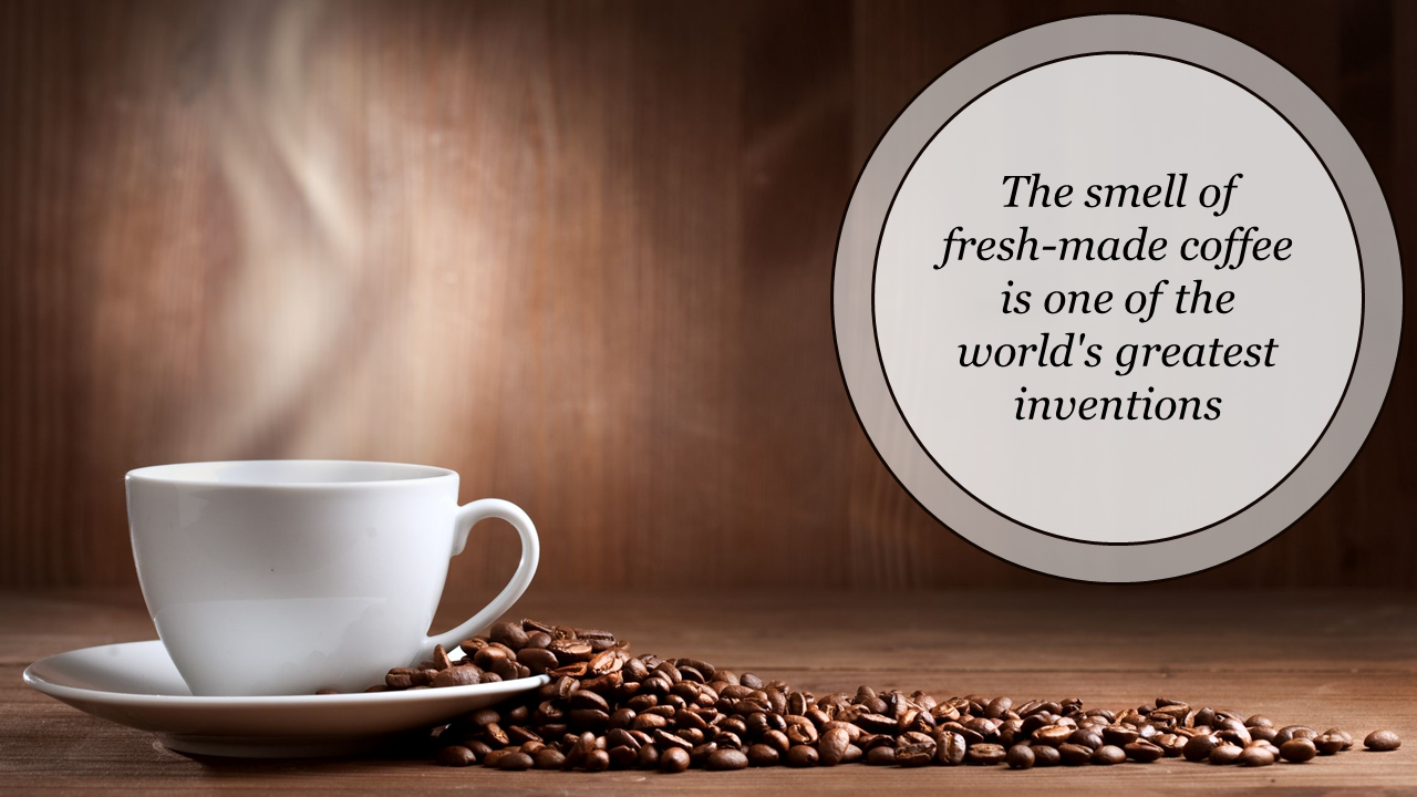 A white cup on a saucer sits beside scattered coffee beans on a wooden surface with text on a round beige frame.