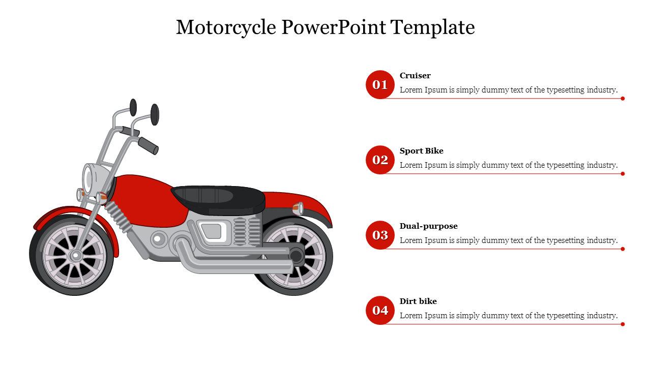 Illustration of a red motorcycle, with four numbered points describing different types on the right.