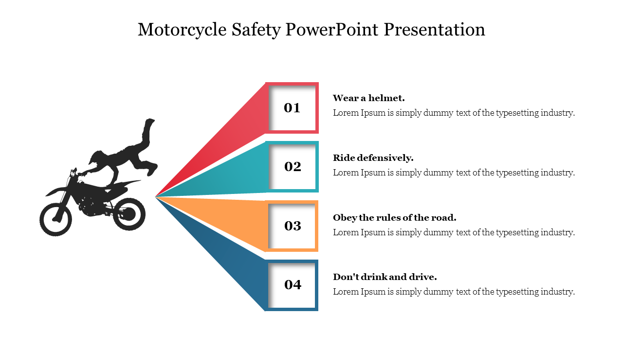 Silhouette of a falling motorcyclist with four colorful numbered boxes pointing right, each featuring safety tips.