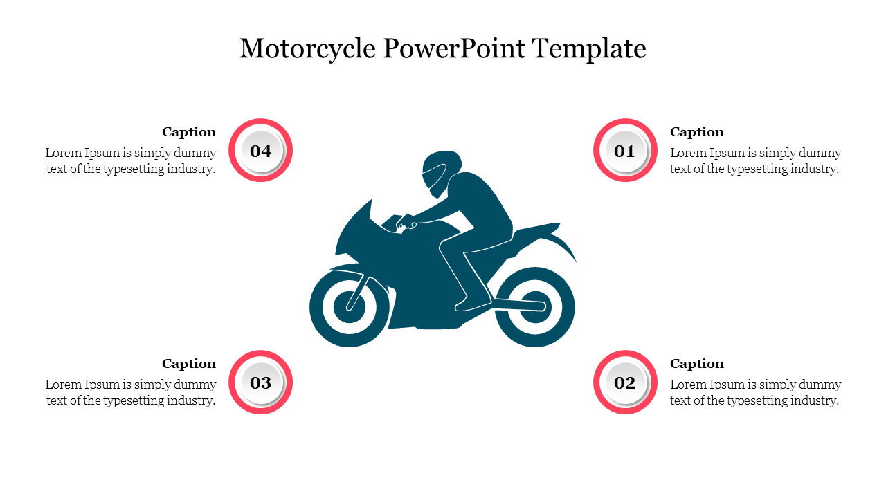 Dark blue motorcycle icon in the center with four red-bordered circles containing numbers and captions around it.