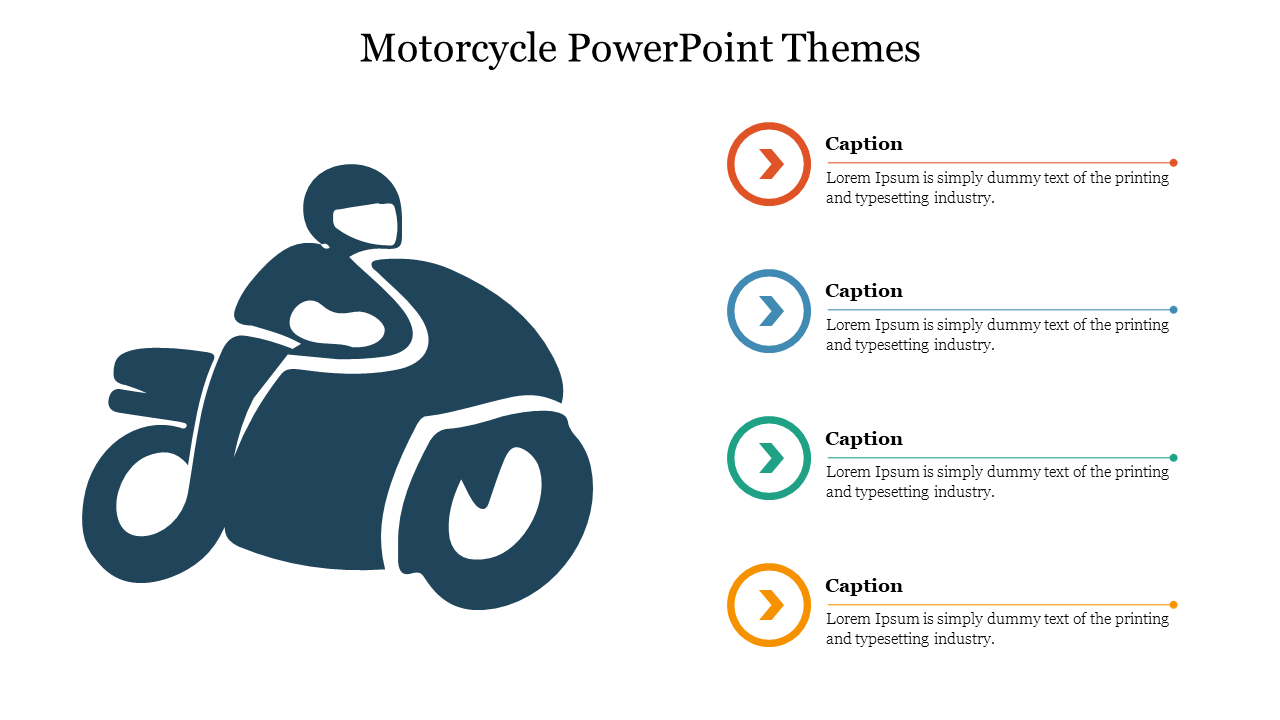 Illustration of a motorcyclist riding a large bike on the left, with four colorful circular captions on the right.