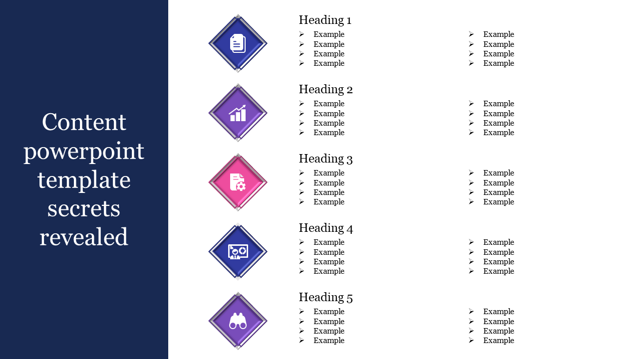 A content PowerPoint template featuring headings and examples in diamond shaped icons.