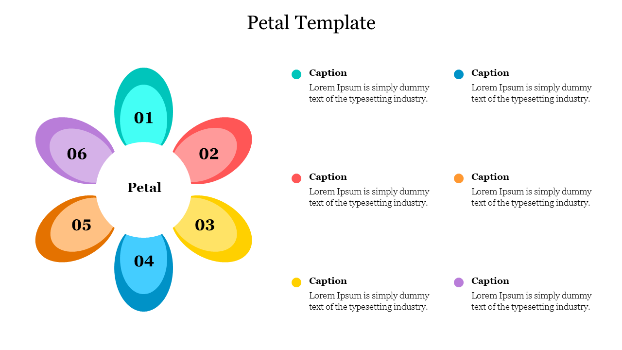 Colorful petal chart featuring six segments and placeholder text areas on a white background.