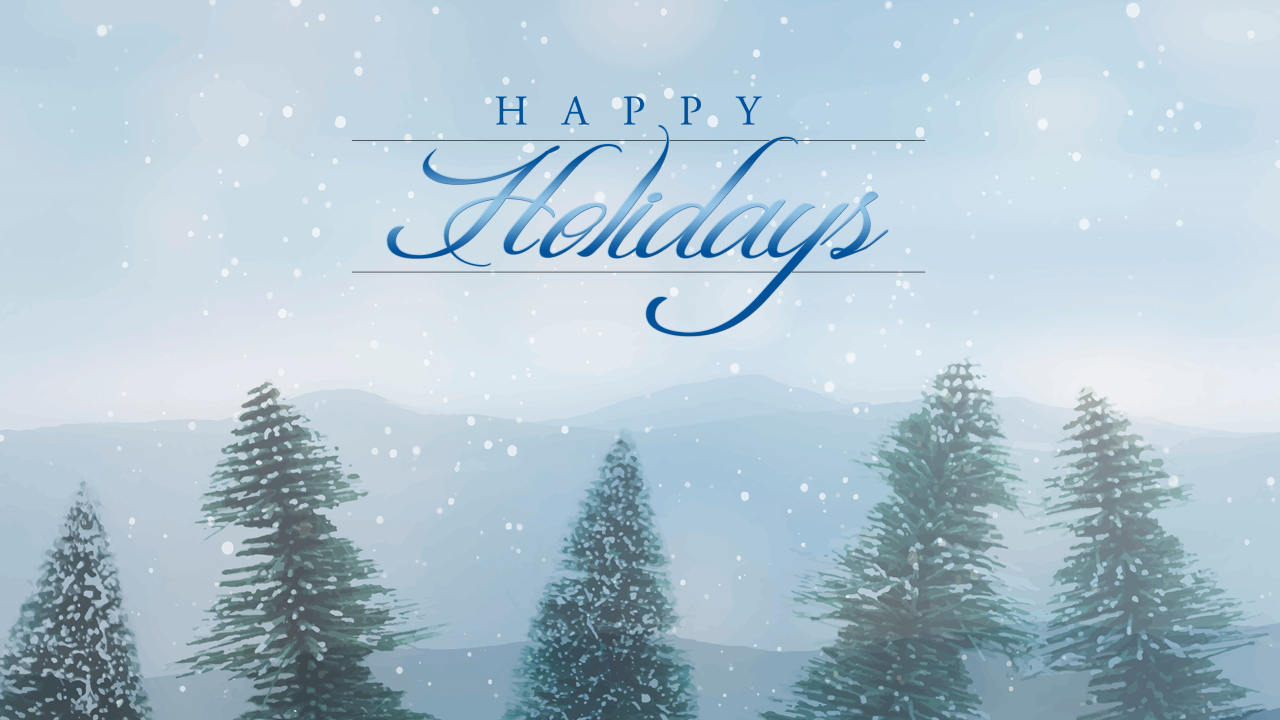 Snowy winter landscape with pine trees and snowflakes falling, featuring happy holidays in elegant blue script.