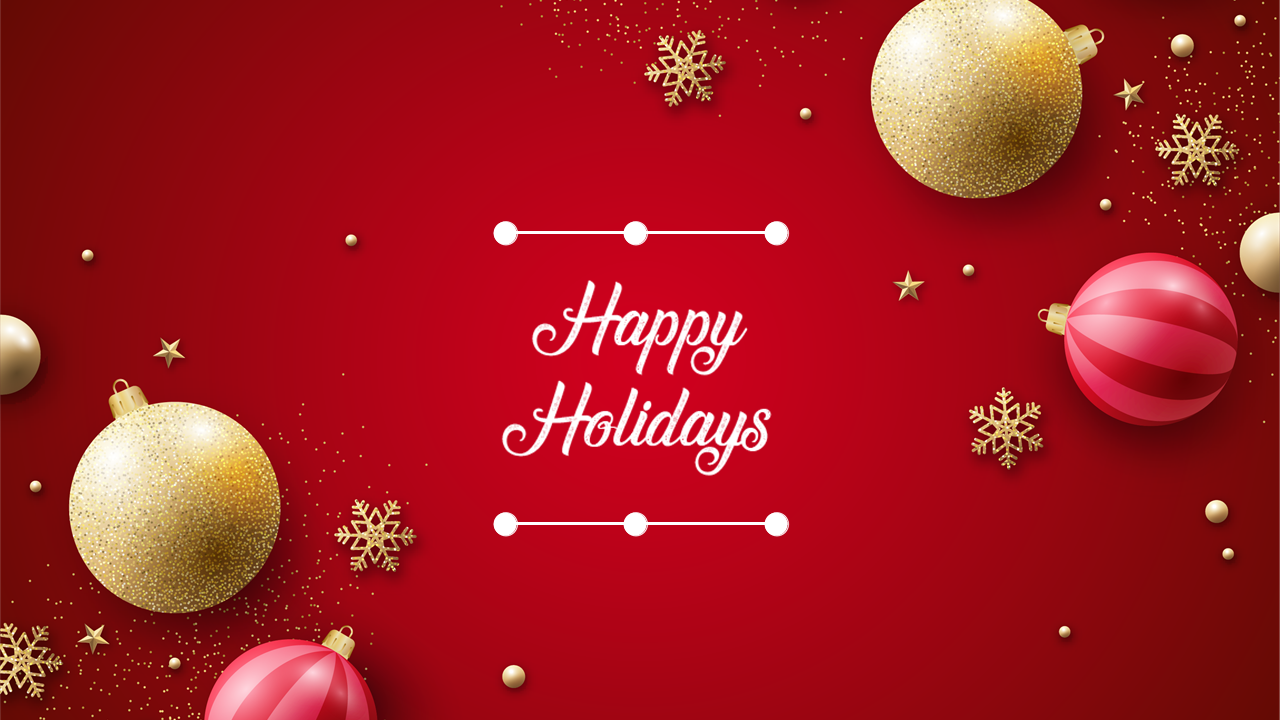 Holiday themed slide featuring pink and gold decorations on a red backdrop with snowflakes and stars around festive text.