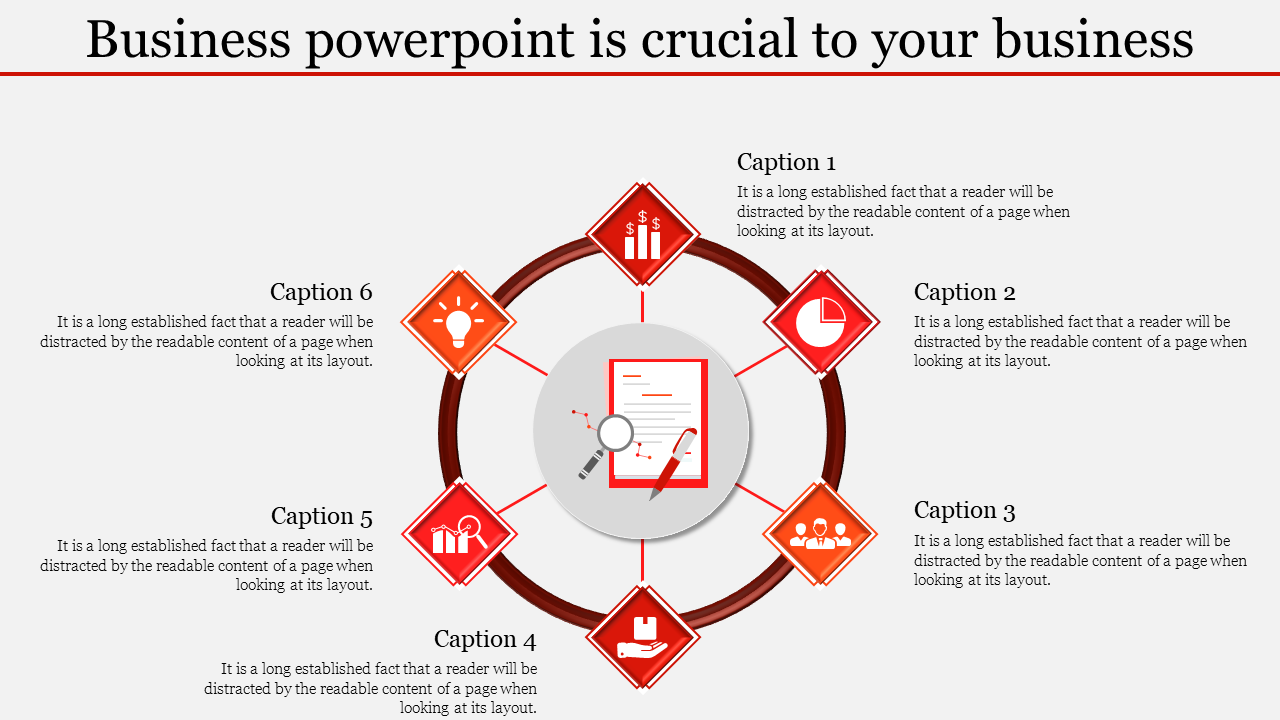 Business slide with a circular flowchart showing six red diamond-shaped icons for captions areas.