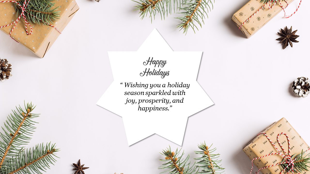 White star-shaped card with holiday greeting, surrounded by wrapped gifts and pine branches on a white background.