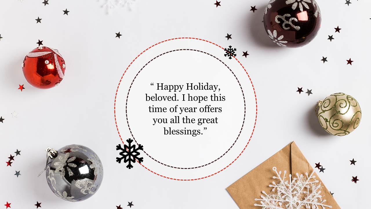 Festive holiday card with red, gold, and silver ornaments and a central message in a circle, surrounded by star confetti.