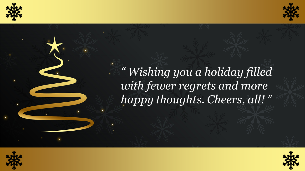 Black background with snowflakes, gold tree illustration, and a golden border featuring the holiday message.