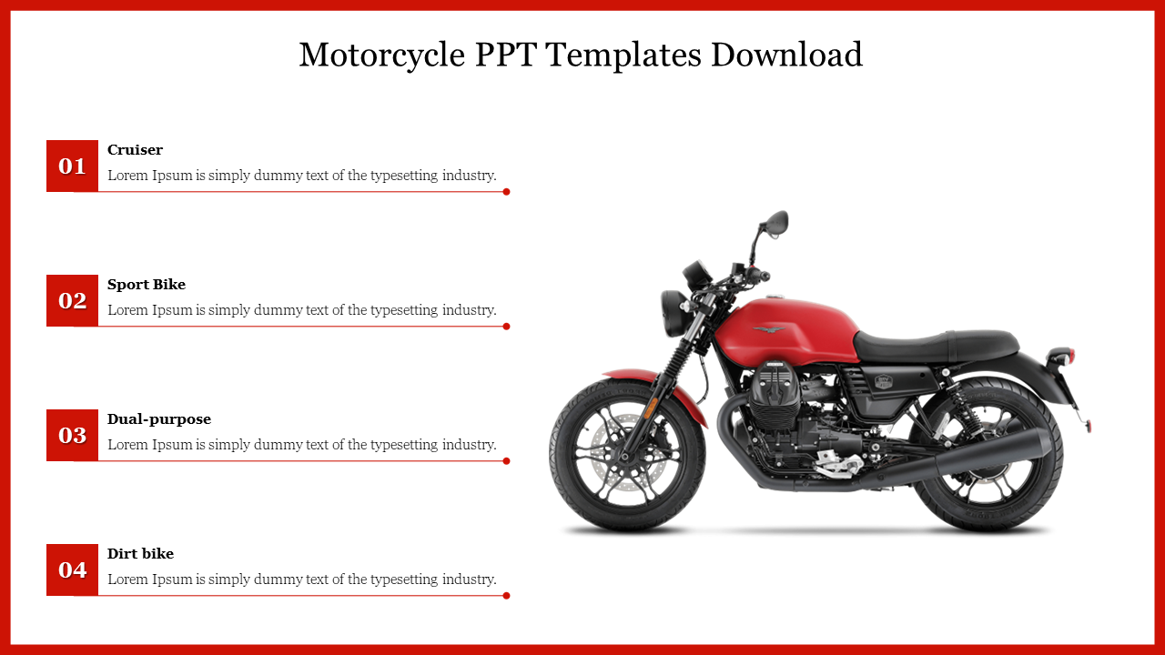 Slide with a red motorcycle and four numbered sections for text, listing different types of motorcycles.