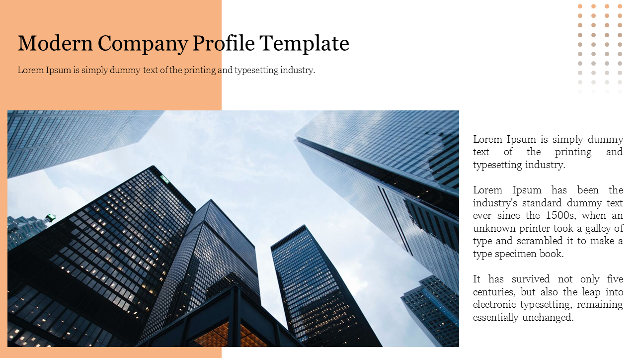 Modern company profile slide with a high-rise building view on the right and a peach-colored block with text on the left.