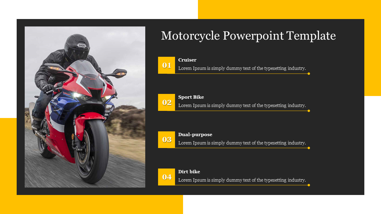 Motorcycle slide with a rider on a sportbike and four numbered captions, alongside a black and yellow slide layout.