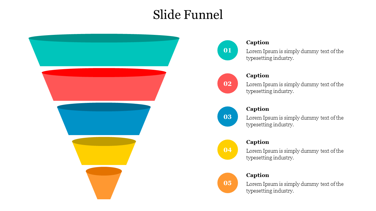 Funnel slide with five colorful segments and  text placeholders on the side for text placed in a white background.