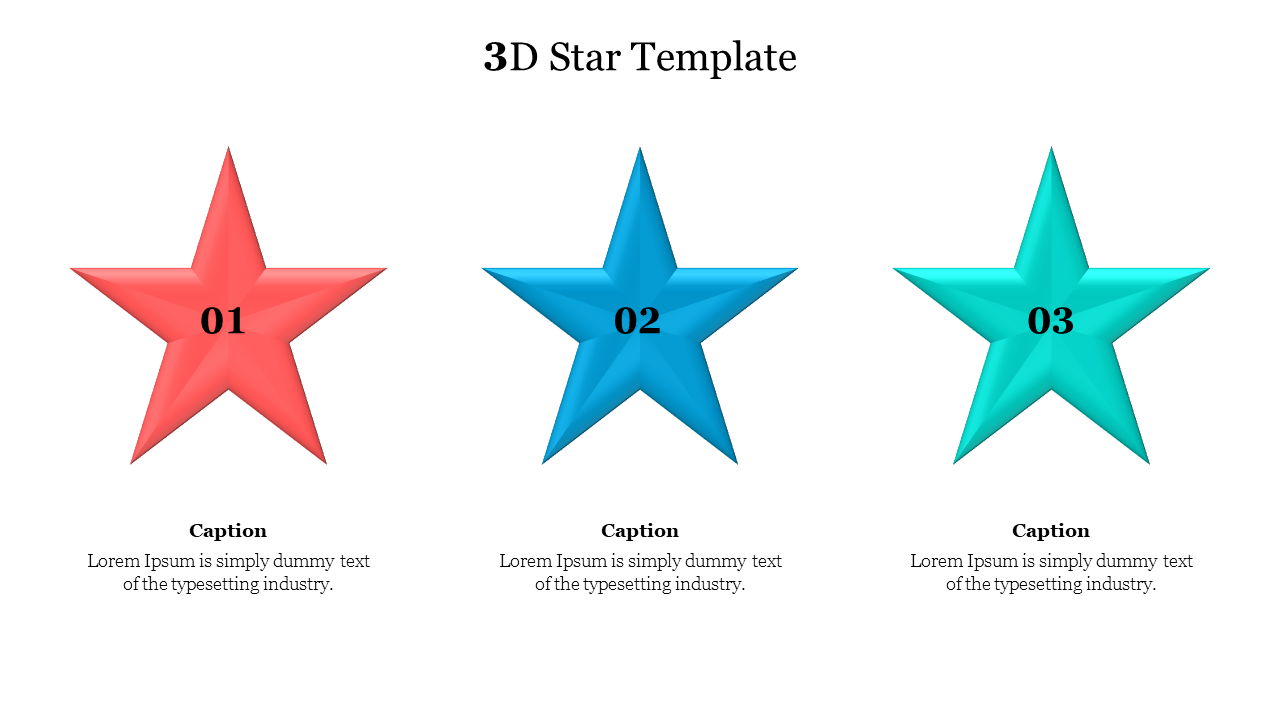 Three colorful 3D stars in red, blue, and teal, numbered 01 to 03, each with captions below.