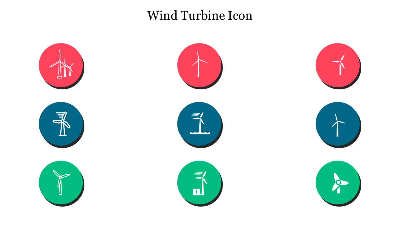 Wind turbine icons in circular shapes with different colors, showcasing various designs of wind energy symbols.