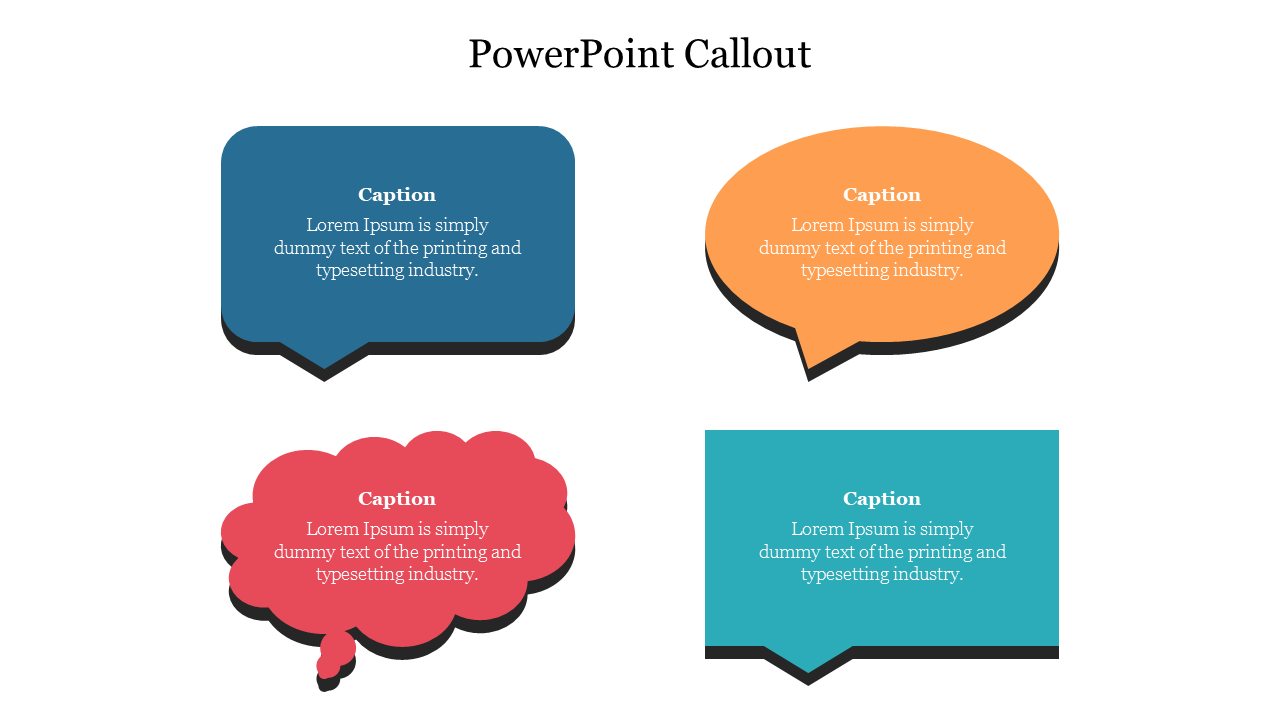 Slide featuring four colorful callout shapes with captions for highlighting text.