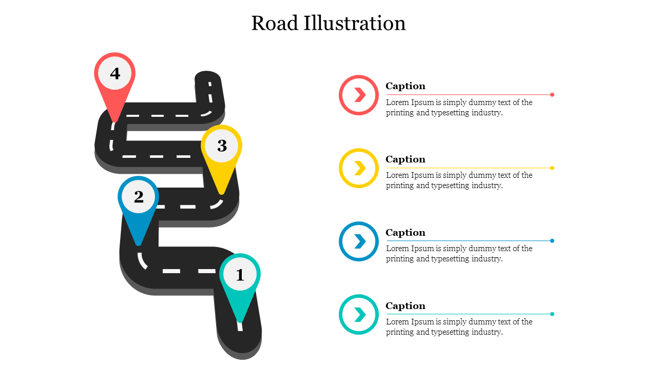 Winding road illustration with numbered markers from one to four and corresponding caption areas on the right, with labels.