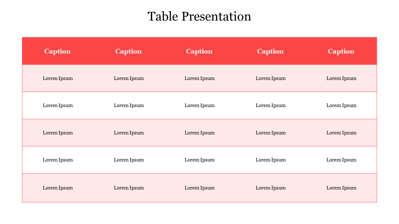 Table with a red header and multiple rows, showcasing columns labeled as captions with placeholder text.