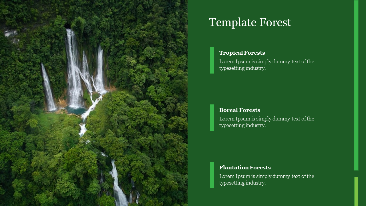 A lush green landscape featuring a waterfall, accompanied by descriptions of tropical, boreal, and plantation forests.