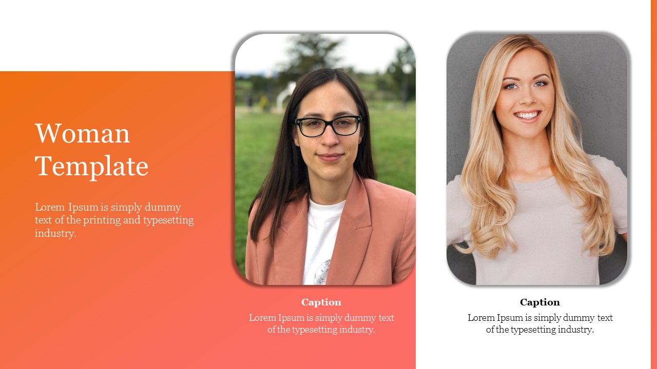 Orange-themed template with two portraits of women and space for descriptive captions below.