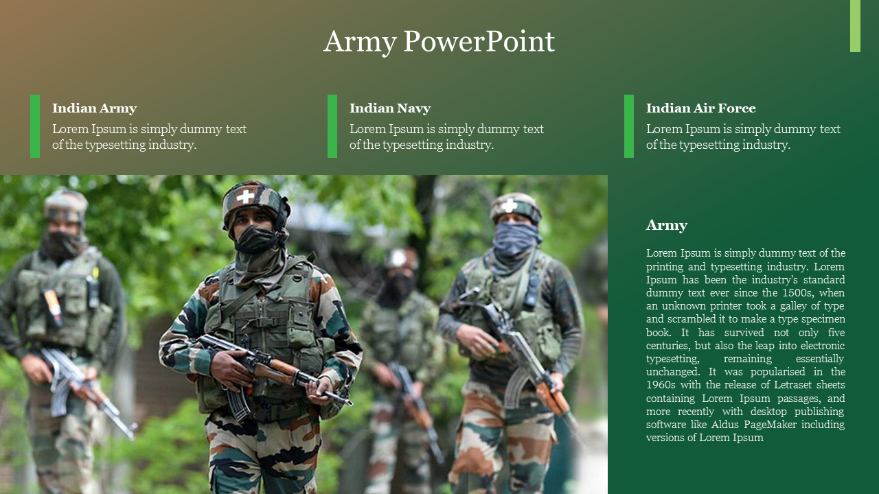 Slide featuring Indian Army soldiers on patrol with sections highlighting the army, navy, and air force on a green backdrop.