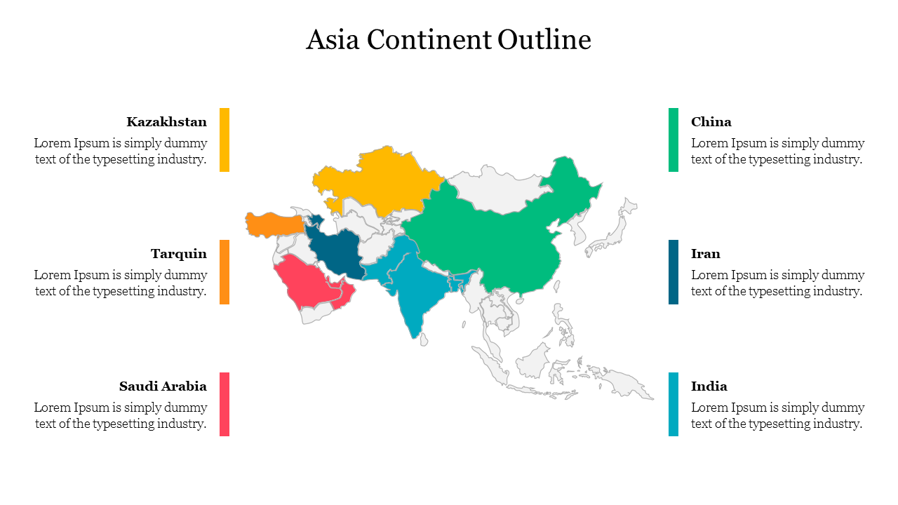 A slide showing a detailed outline of Asia with several countries highlighted in different colors with placeholder text.