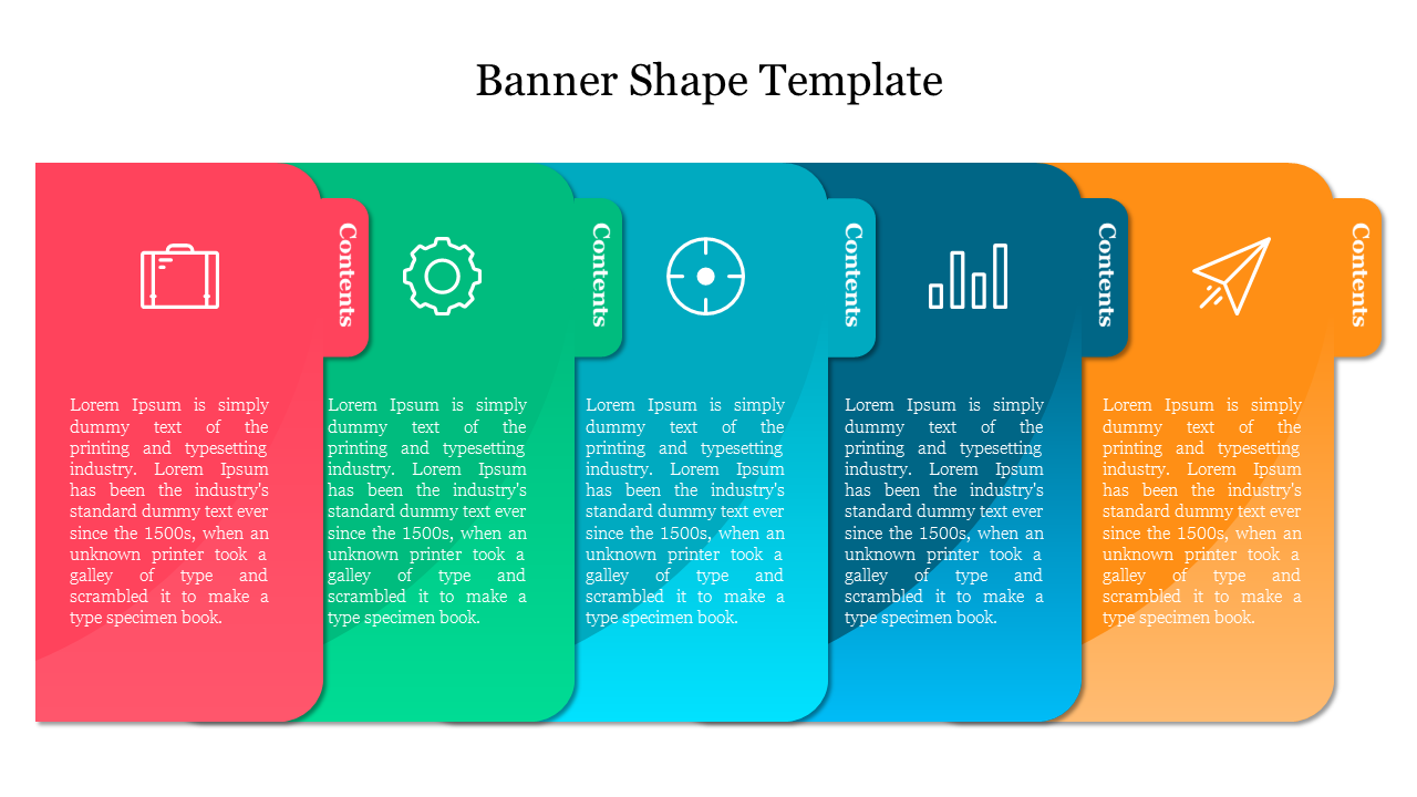 Slide featuring five colorful banners with icons and placeholder text for content sections.