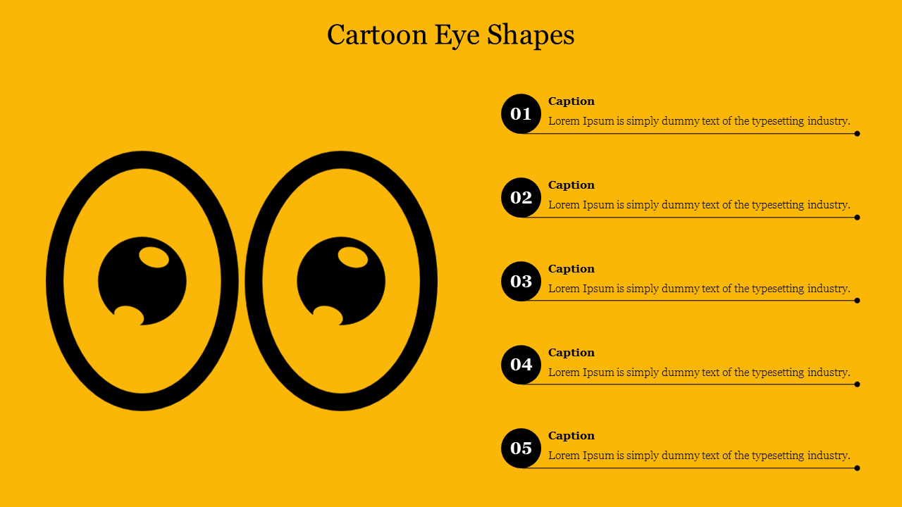 A vibrant yellow presentation slide featuring various cartoon eye shapes, with numbered sections for captions.